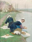 Lionel Walden Women Washing Laundry on a River Bank, oil painting by Lionel Walden Sweden oil painting artist
